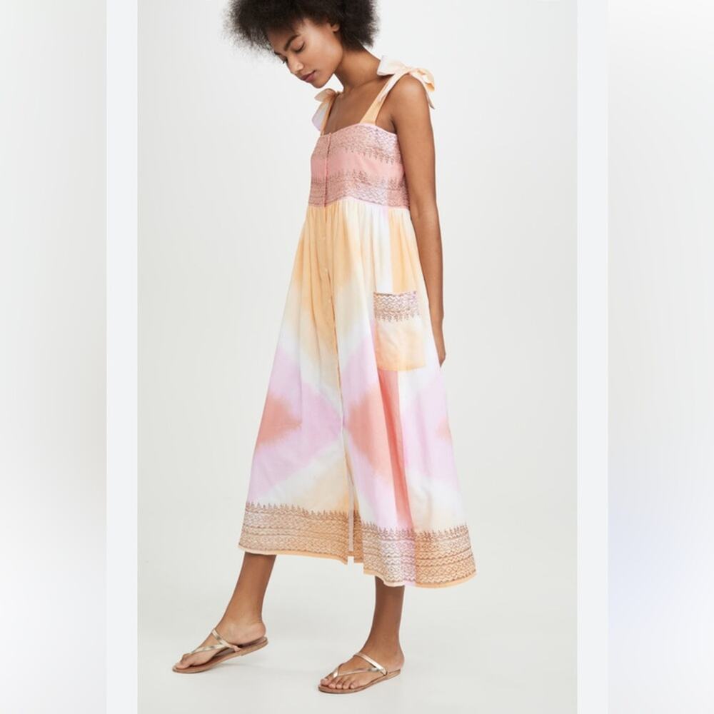 Juliet Dunn Pink Sunset Gold Embroidered Tie Shoulder Cotton Midi Dress 1 / S